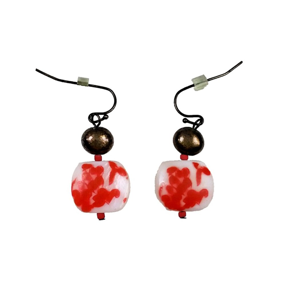 Dangle Earrings Pair Asian Inspired White Glass Red Flowers Bronze Bead